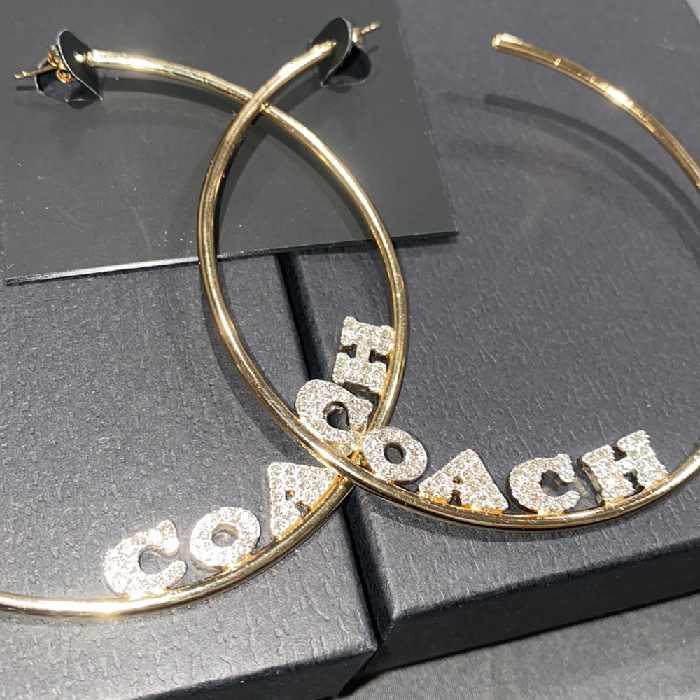 Authentic COACH J.Lo Signature Gold Pave Crystal Sparkle Logo Hoop Earrings